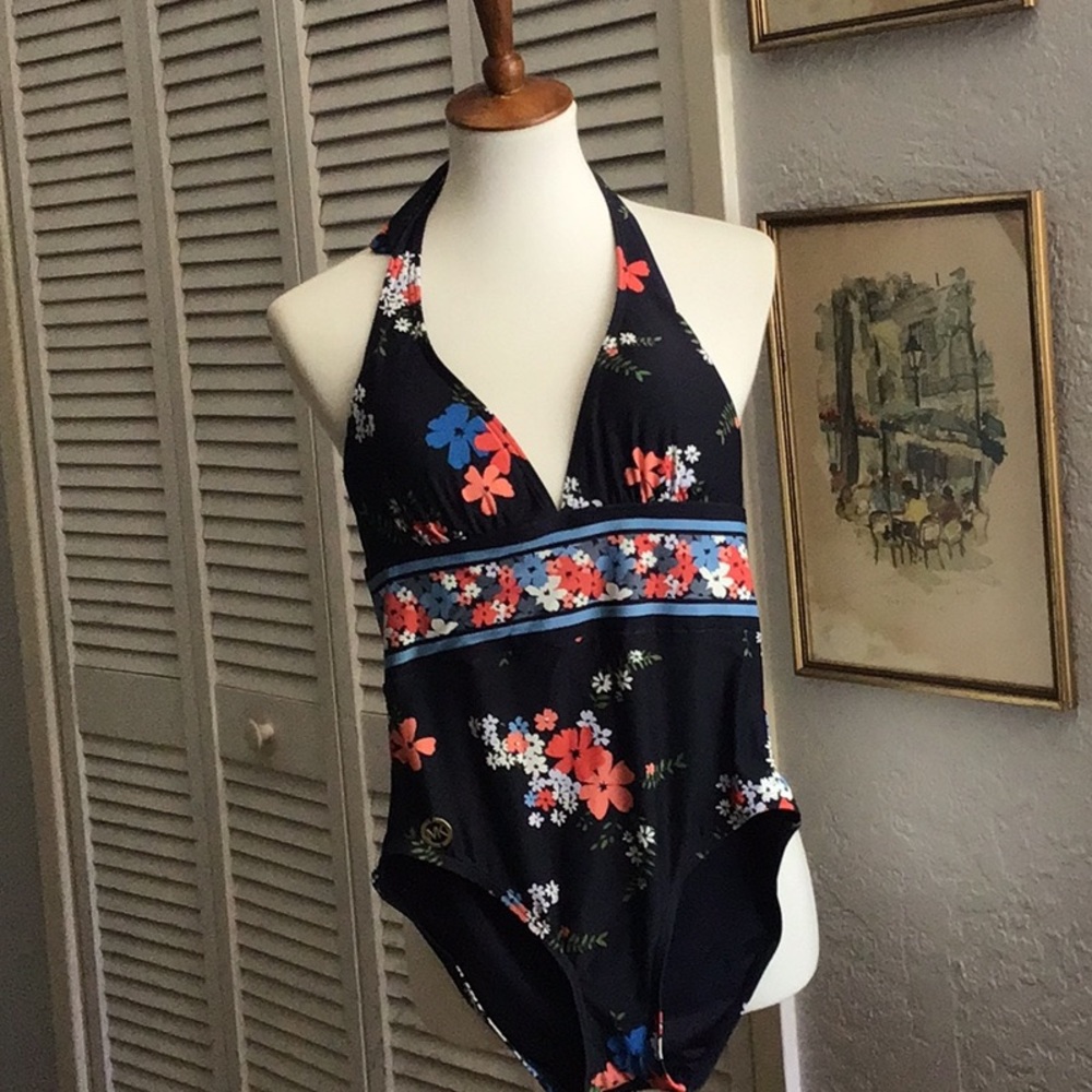 Adorable Michael Kors Navy Floral Halter One-piece Swimsuit